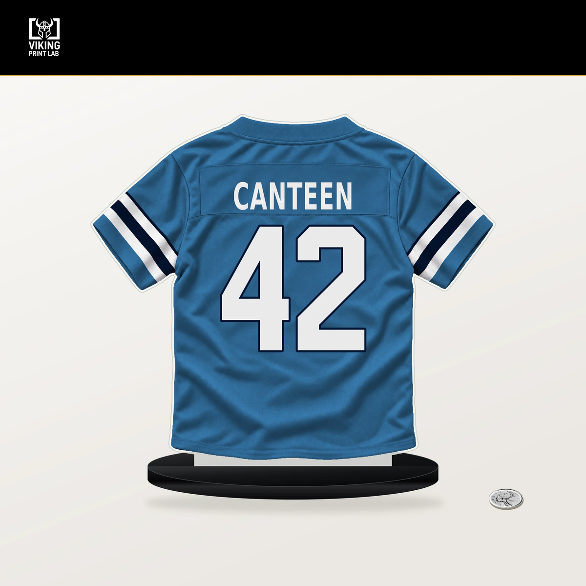 Derrick Canteen number 42 Tennessee Titans jersey stand with included black base.