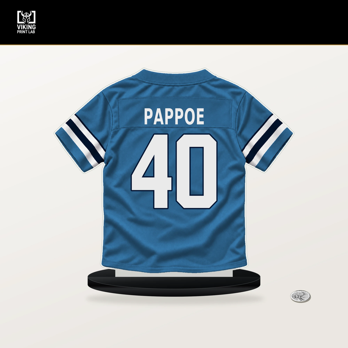 Owen Pappoe number 40 Tennessee Titans jersey stand with included black base.