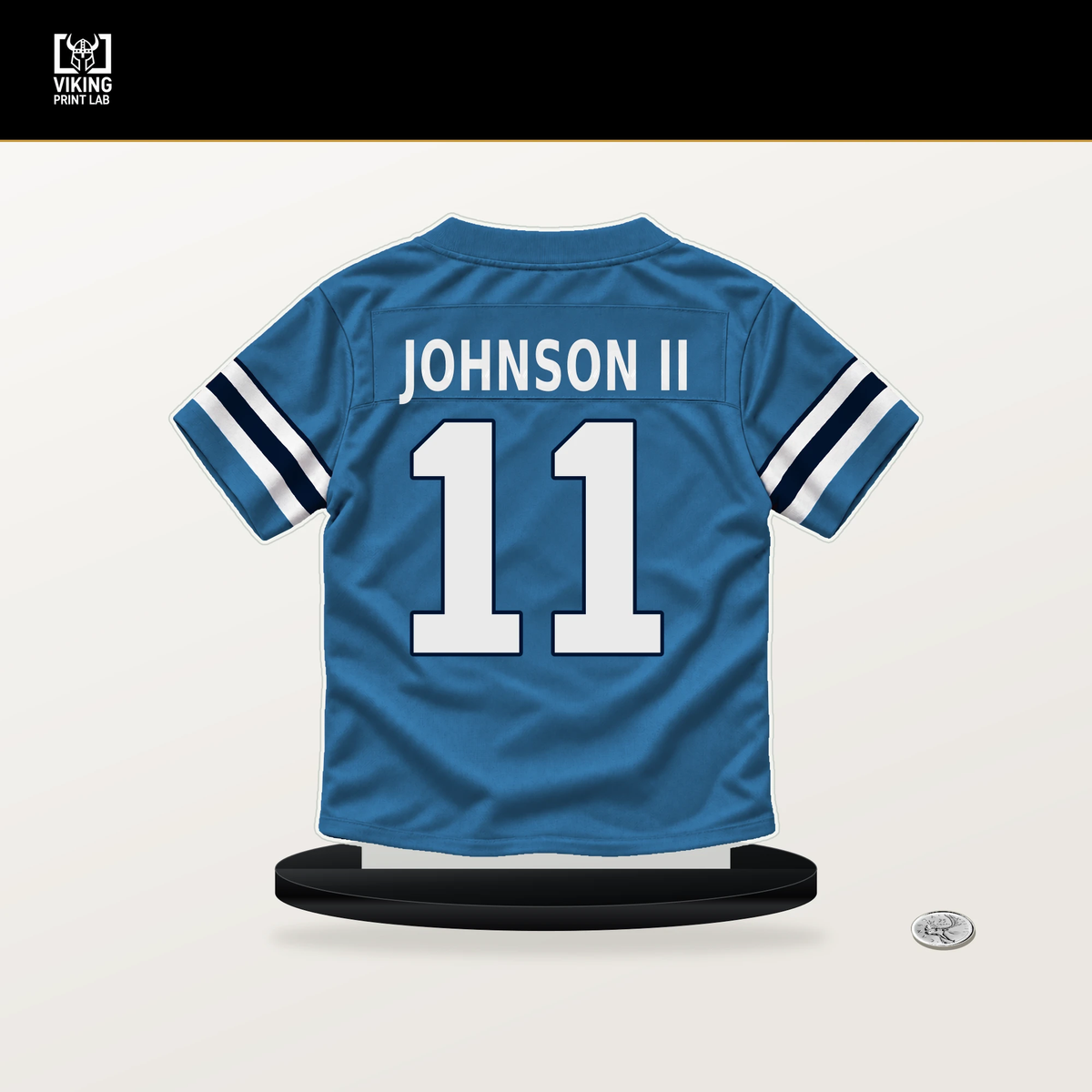 Jermaine Johnson II number 11 Tennessee Titans jersey stand with included black base.