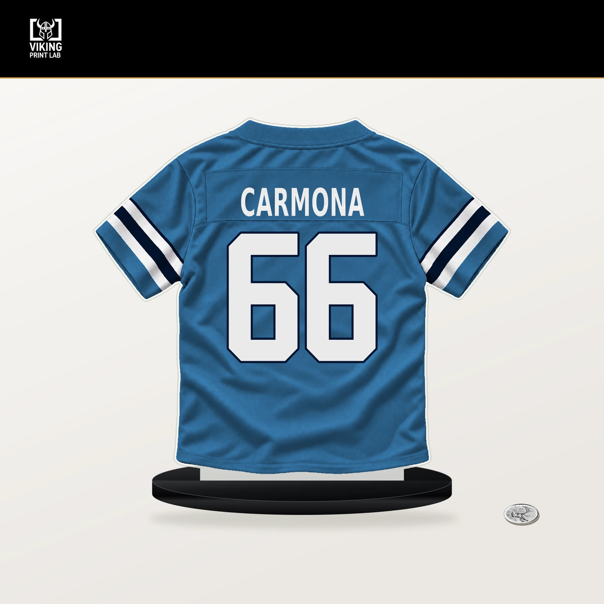 Fernando Carmona number 66 Tennessee Titans jersey stand with included black base.