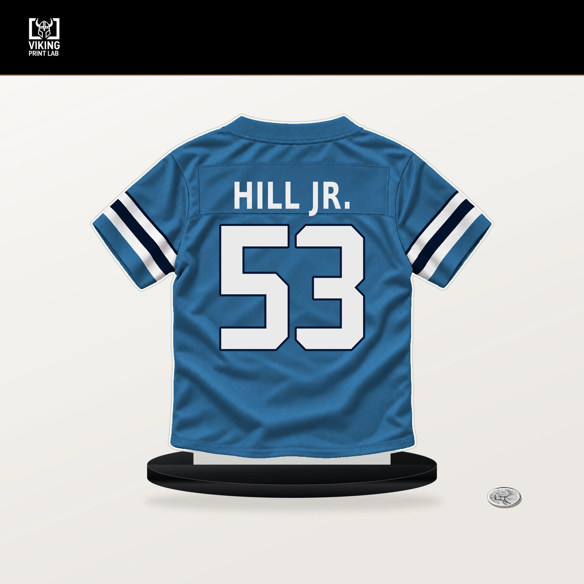 Anthony Hill Jr. number 53 Tennessee Titans jersey stand with included black base.