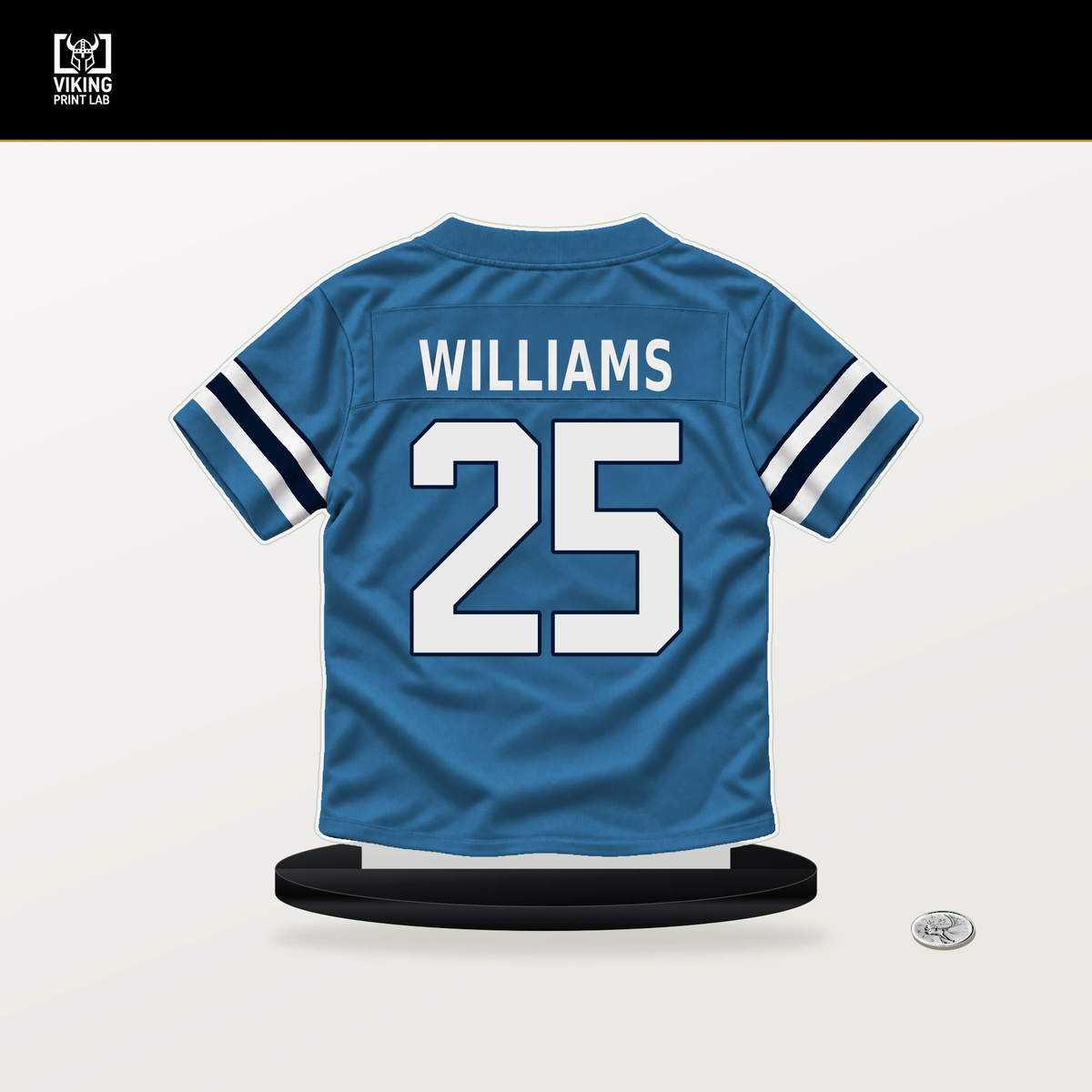 Joshua Williams number 25 Tennessee Titans jersey stand with included black base.