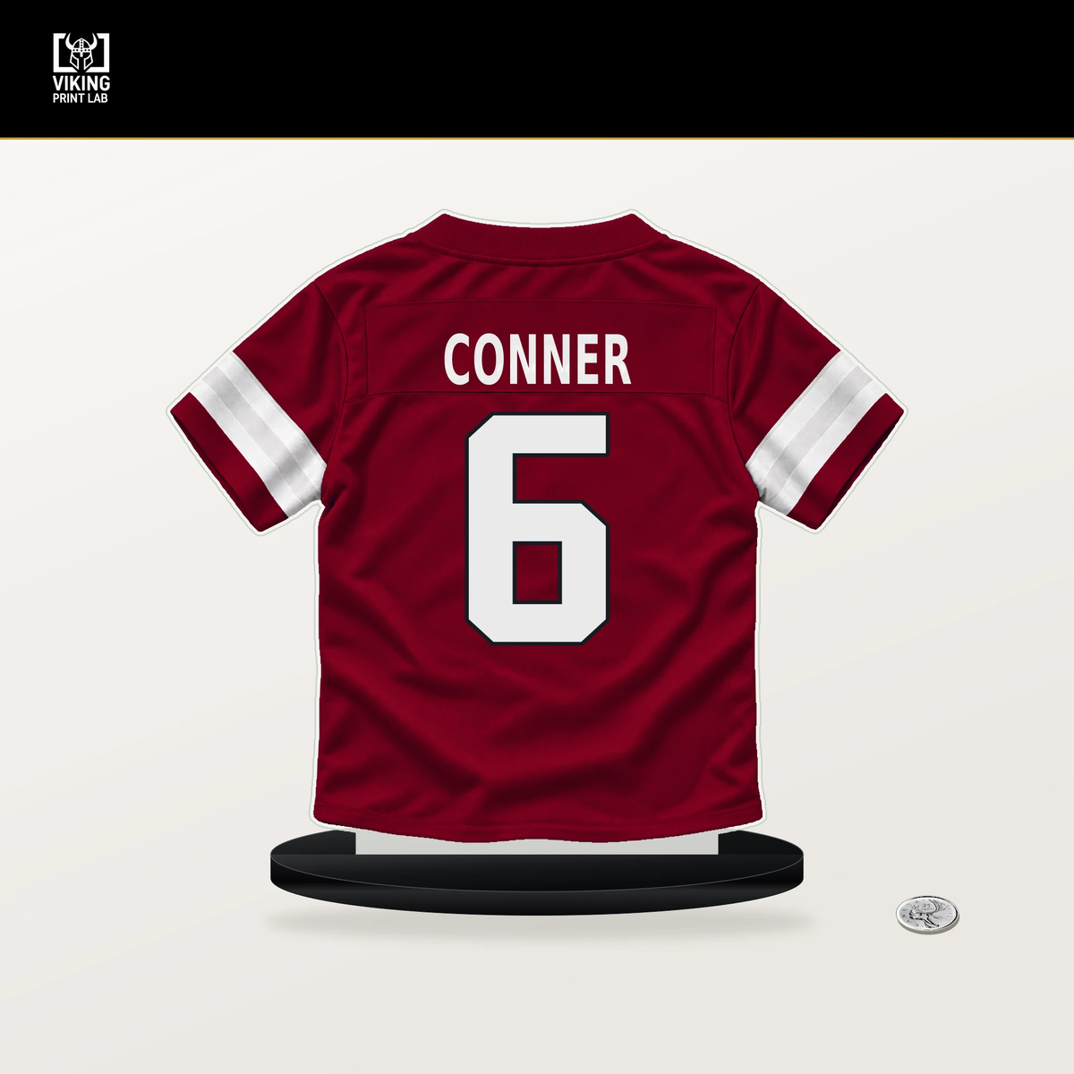 James Conner number 6 Arizona Cardinals jersey stand with included black base.