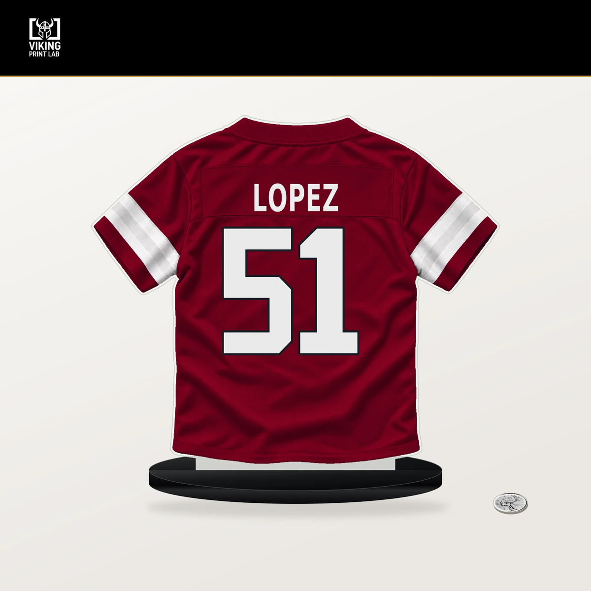 Roy Lopez number 51 Arizona Cardinals jersey stand with included black base.