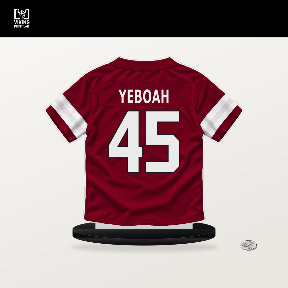 Kenny Yeboah number 45 Arizona Cardinals jersey stand with included black base.
