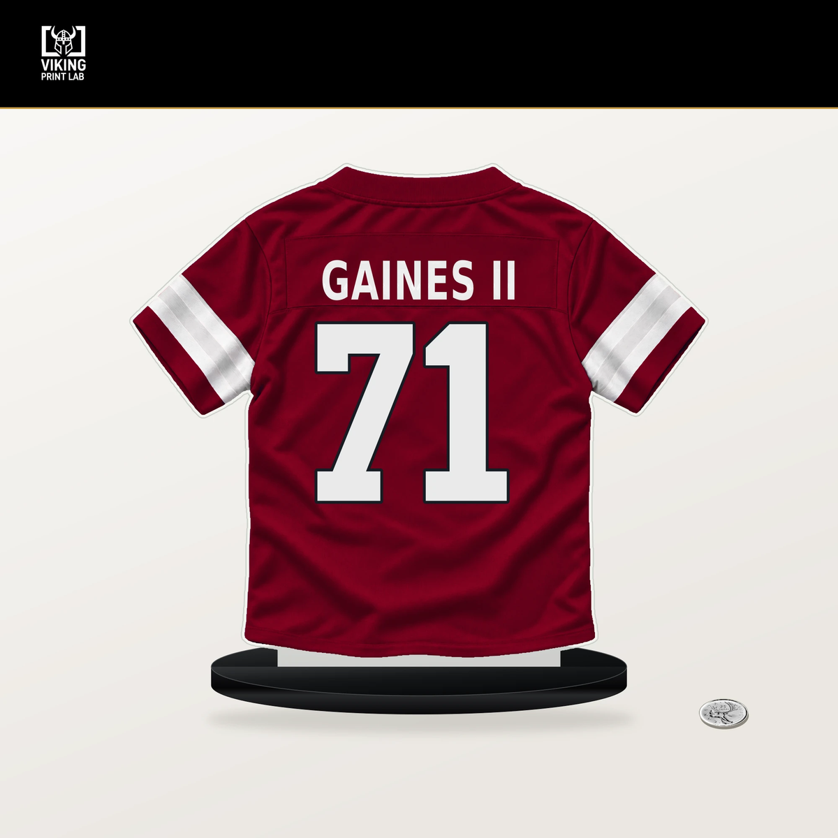 Jon Gaines II number 71 Arizona Cardinals jersey stand with included black base.
