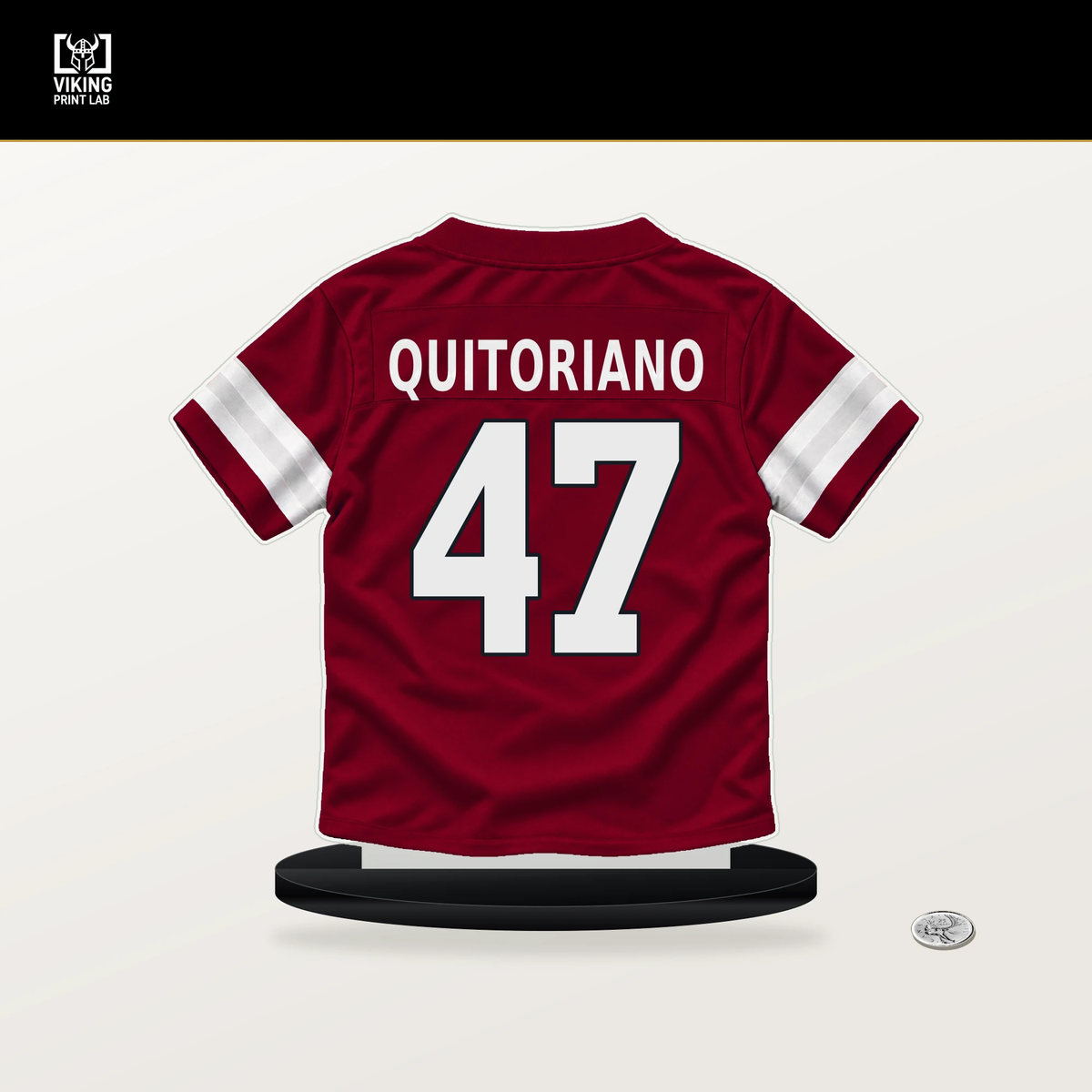Teagan Quitoriano number 47 Arizona Cardinals jersey stand with included black base.