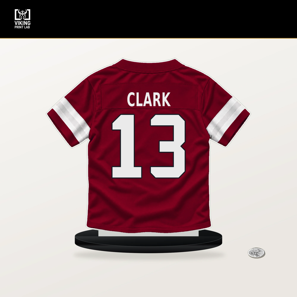 Kei'Trel Clark number 13 Arizona Cardinals jersey stand with included black base.