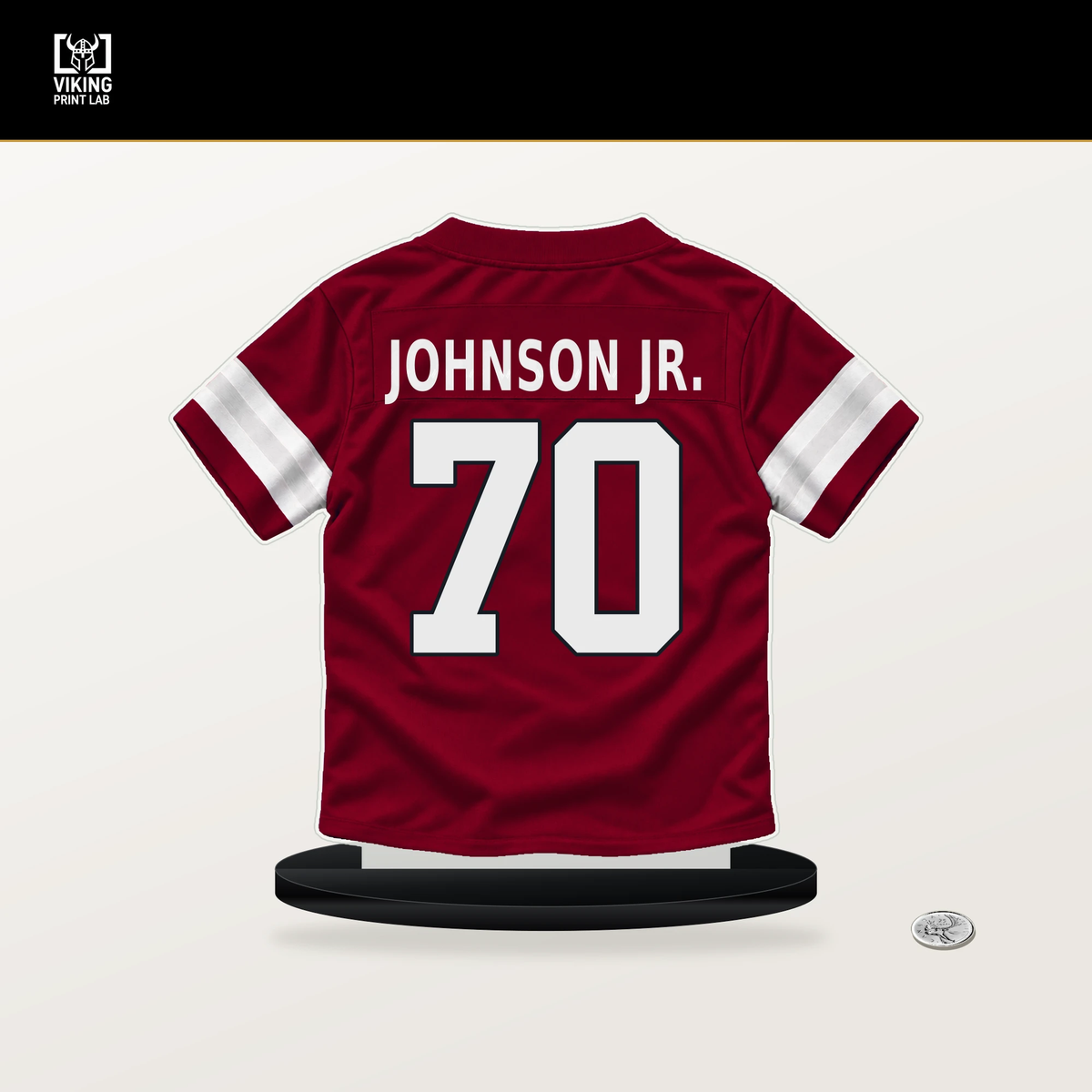 Paris Johnson Jr. number 70 Arizona Cardinals jersey stand with included black base.