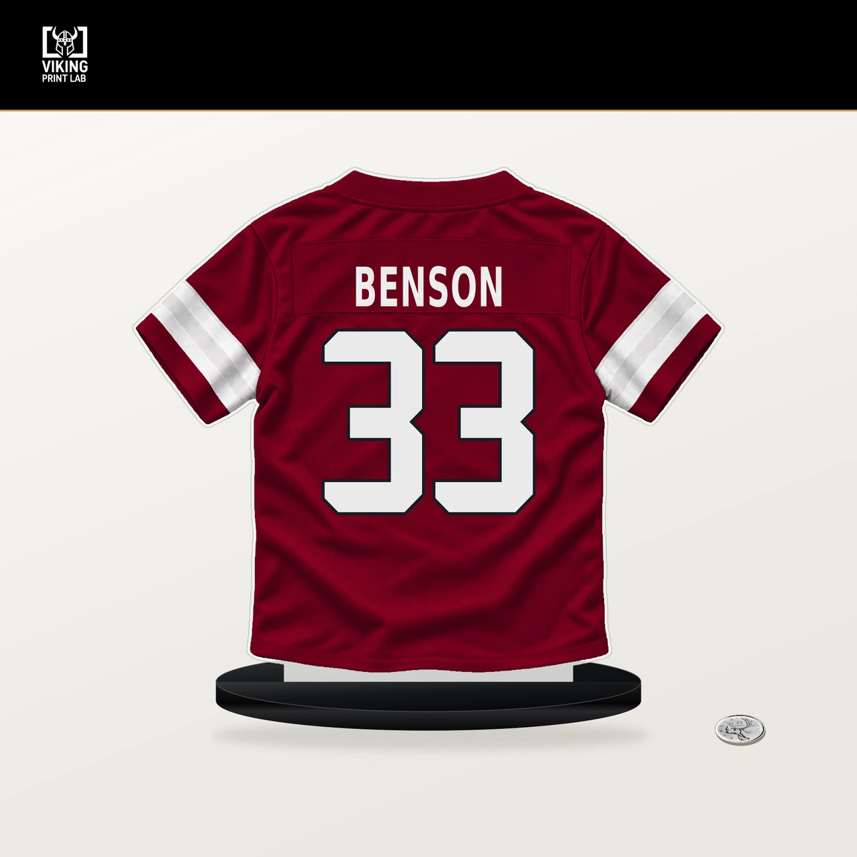 Trey Benson number 33 Arizona Cardinals jersey stand with included black base.