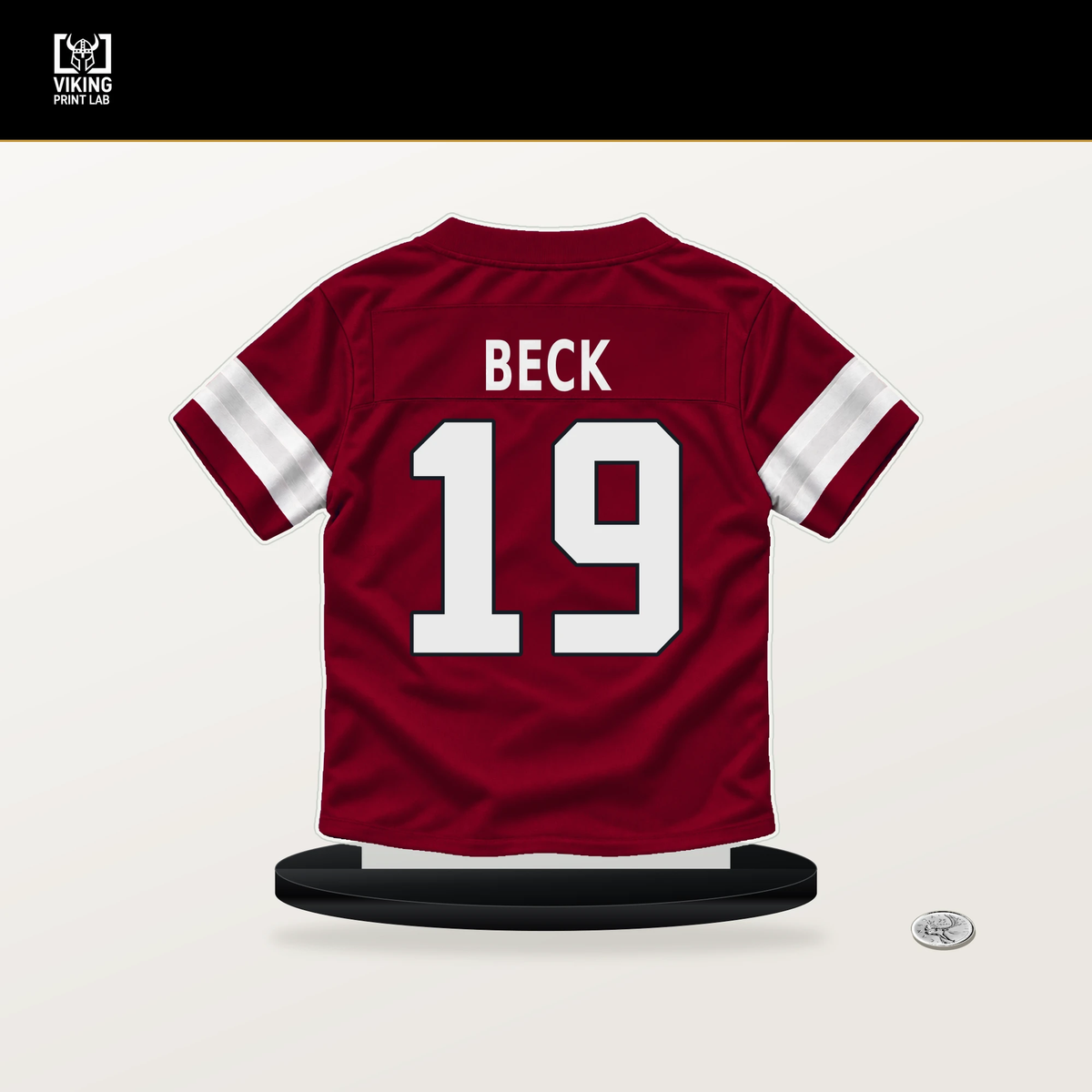 Carson Beck number 19 Arizona Cardinals jersey stand with included black base.