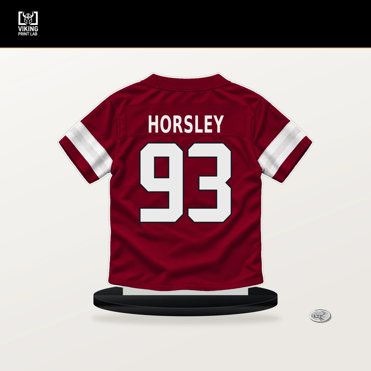 Cam Horsley number 93 Arizona Cardinals jersey stand with included black base.