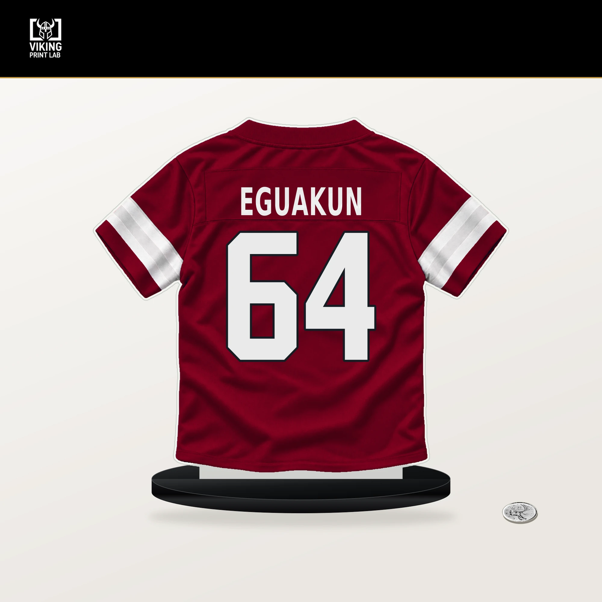 Kingsley Eguakun number 64 Arizona Cardinals jersey stand with included black base.