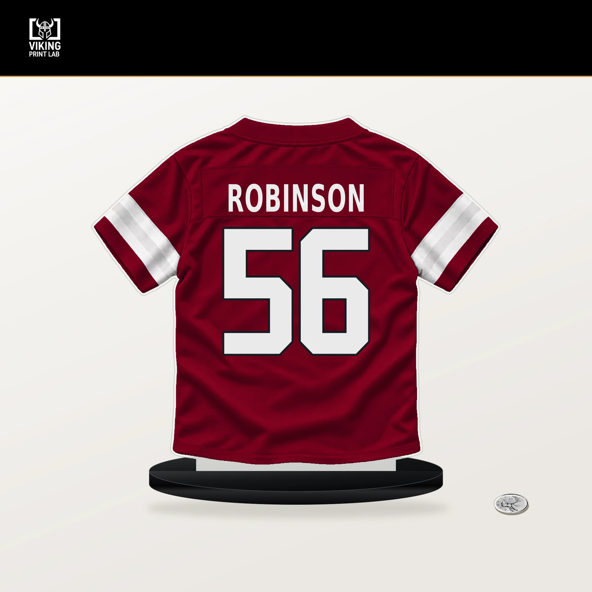Darius Robinson number 56 Arizona Cardinals jersey stand with included black base.
