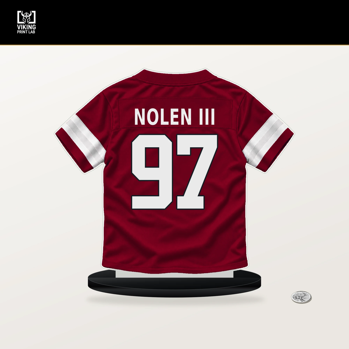 Walter Nolen III number 97 Arizona Cardinals jersey stand with included black base.