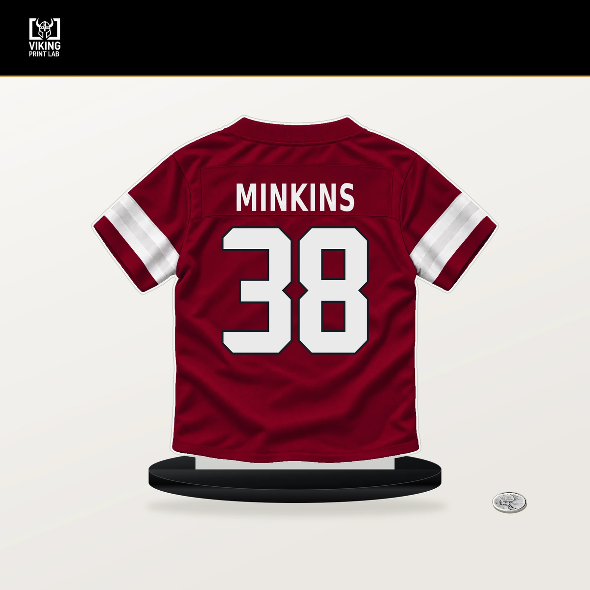 Josh Minkins number 38 Arizona Cardinals jersey stand with included black base.