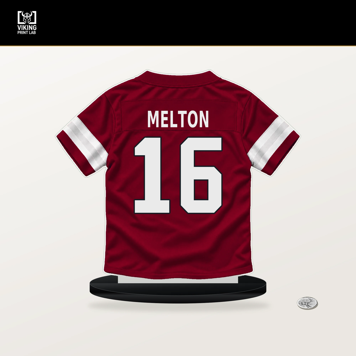 Max Melton number 16 Arizona Cardinals jersey stand with included black base.