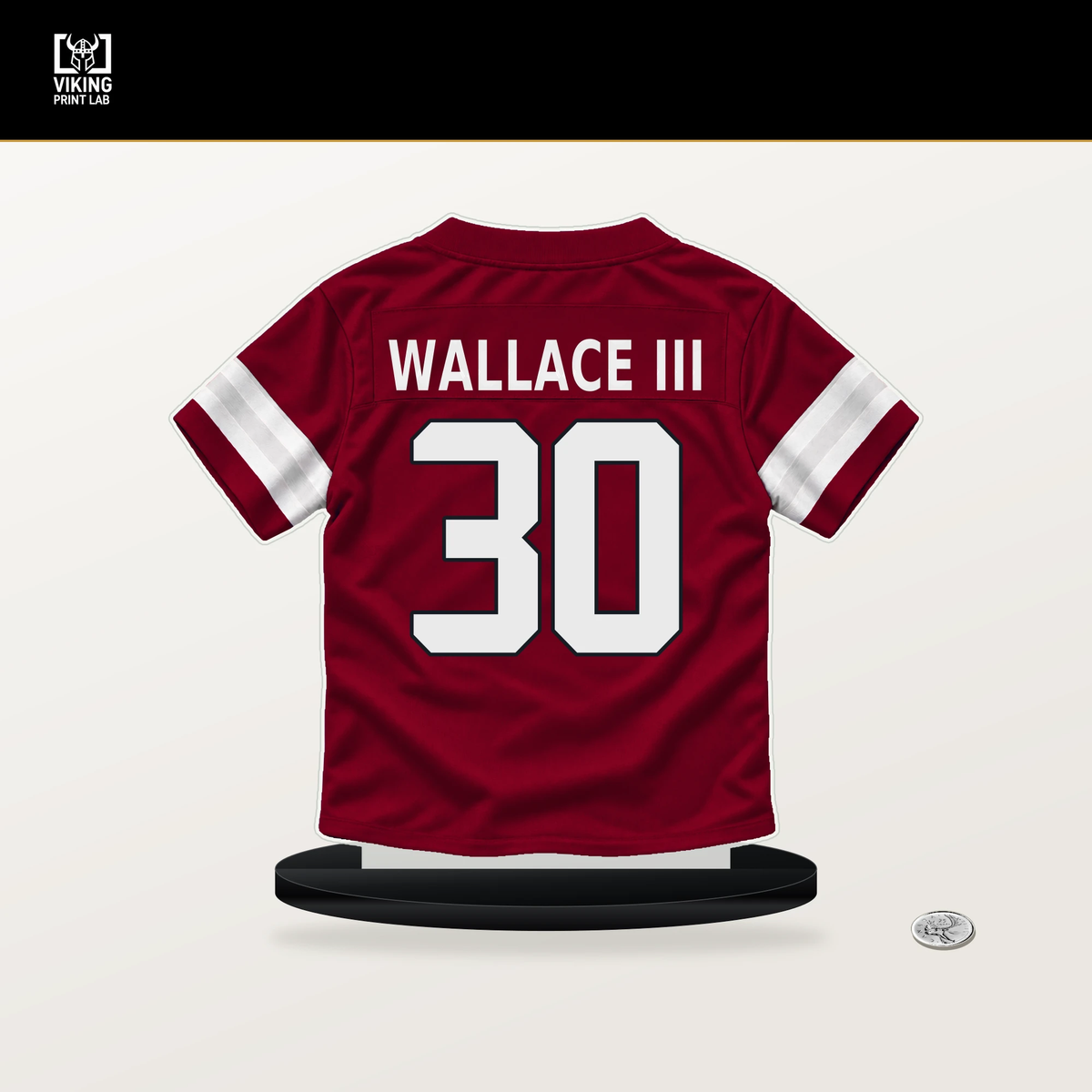 Harrison Wallace III number 30 Arizona Cardinals jersey stand with included black base.