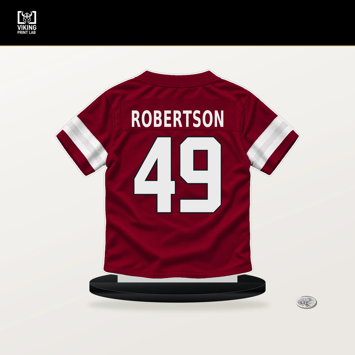 Cameron Robertson number 49 Arizona Cardinals jersey stand with included black base.