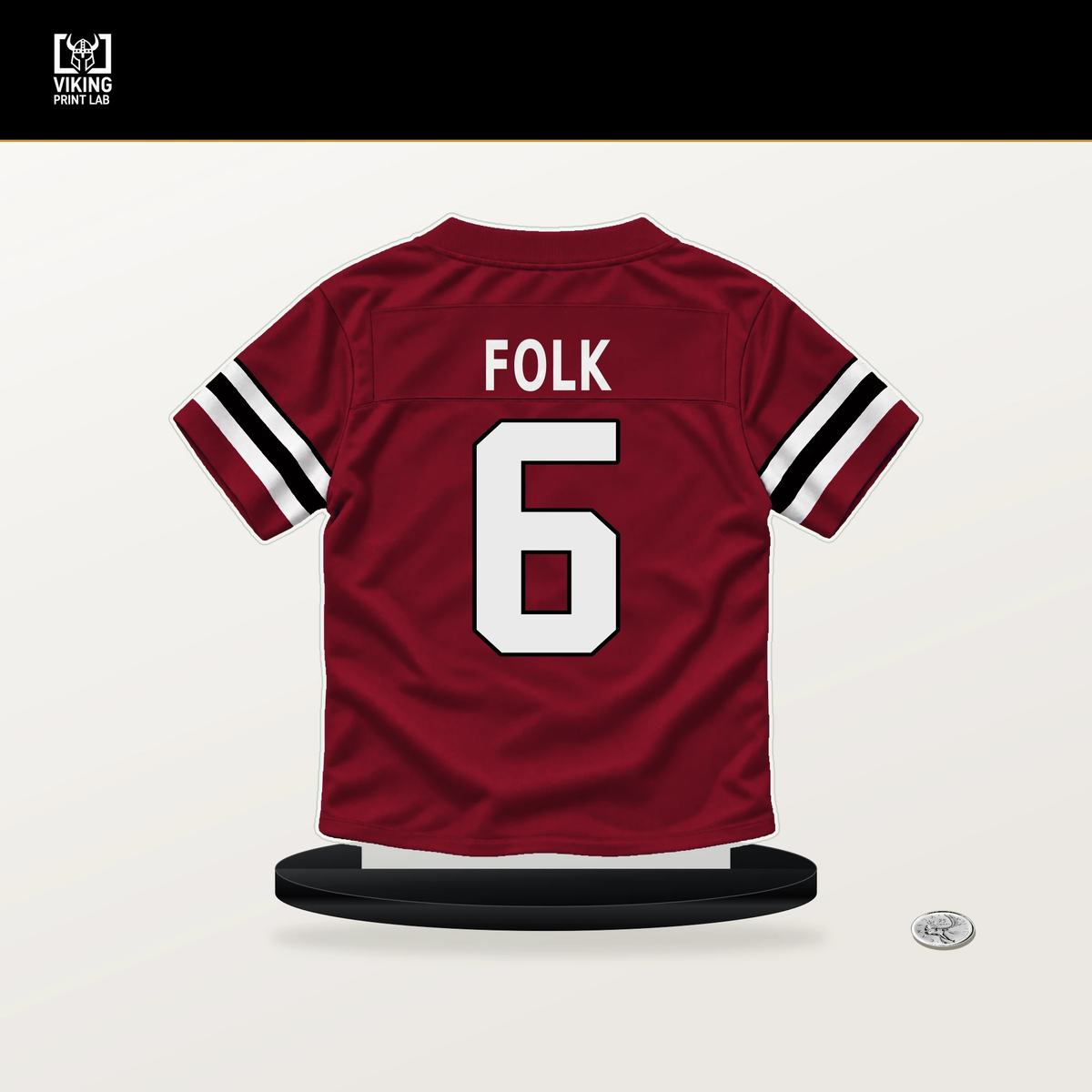 Nick Folk number 6 Atlanta Falcons jersey stand with included black base.