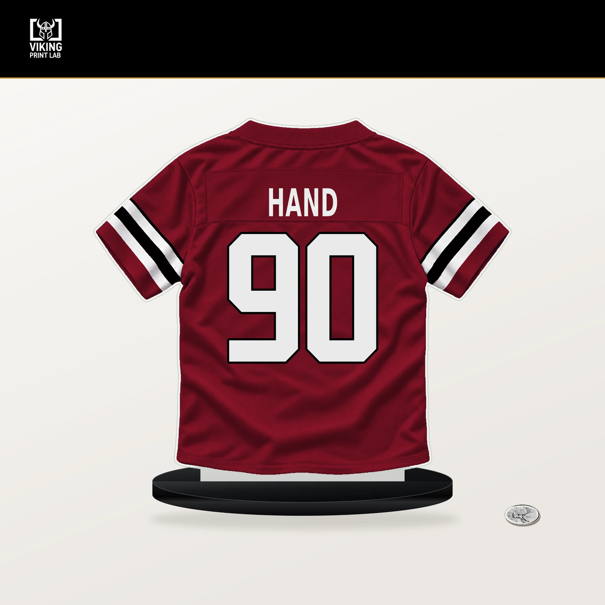 Da'Shawn Hand number 90 Atlanta Falcons jersey stand with included black base.