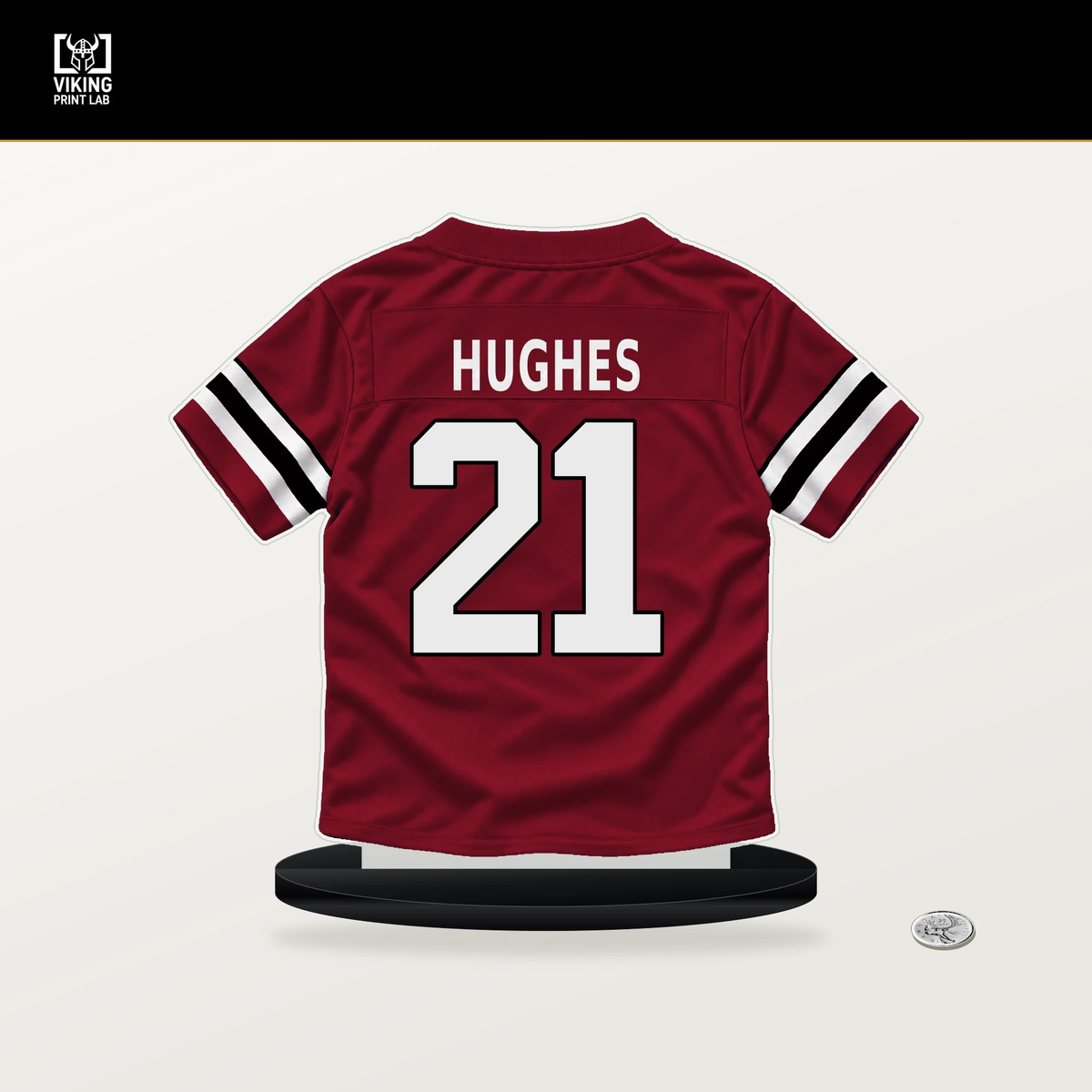 Mike Hughes number 21 Atlanta Falcons jersey stand with included black base.