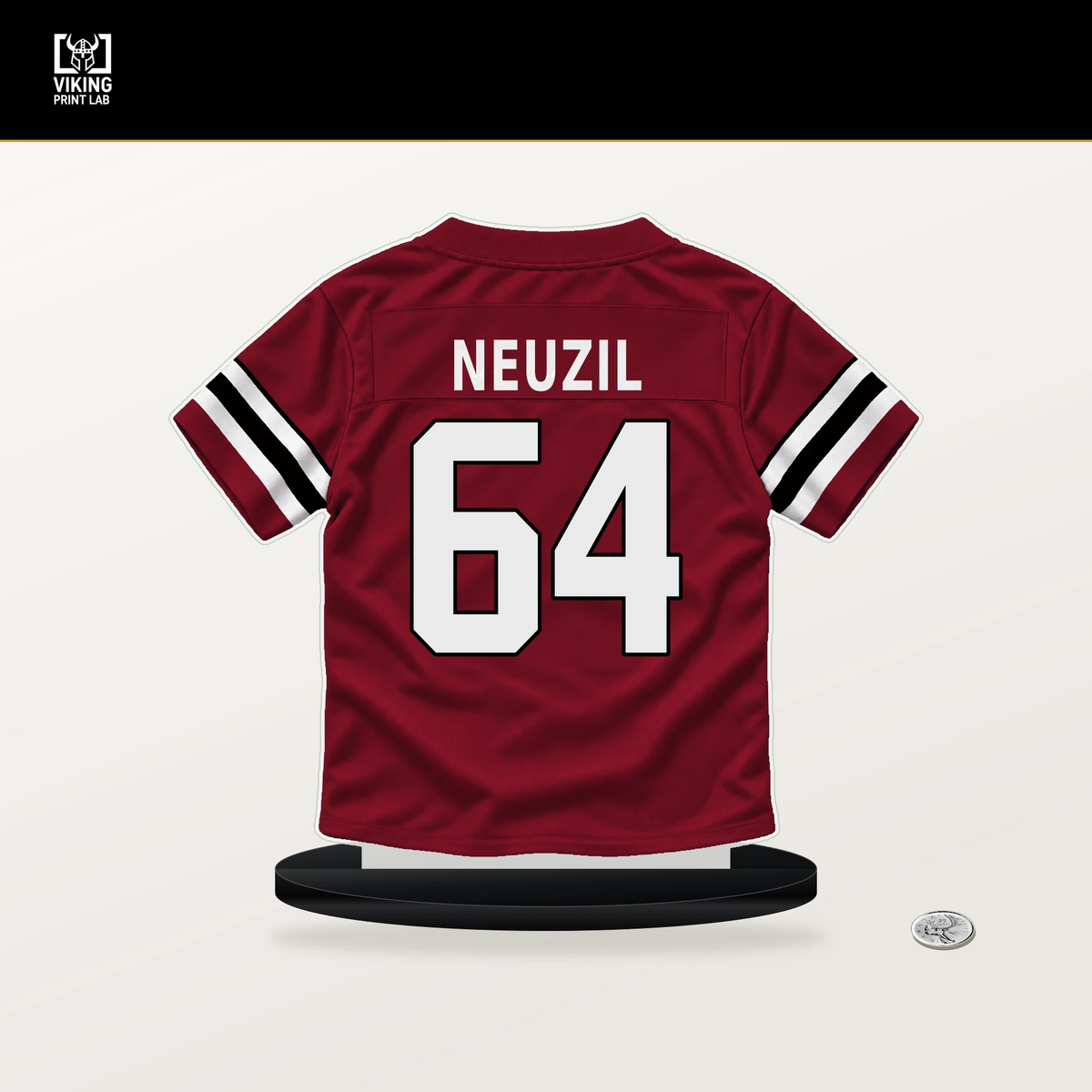 Ryan Neuzil number 64 Atlanta Falcons jersey stand with included black base.