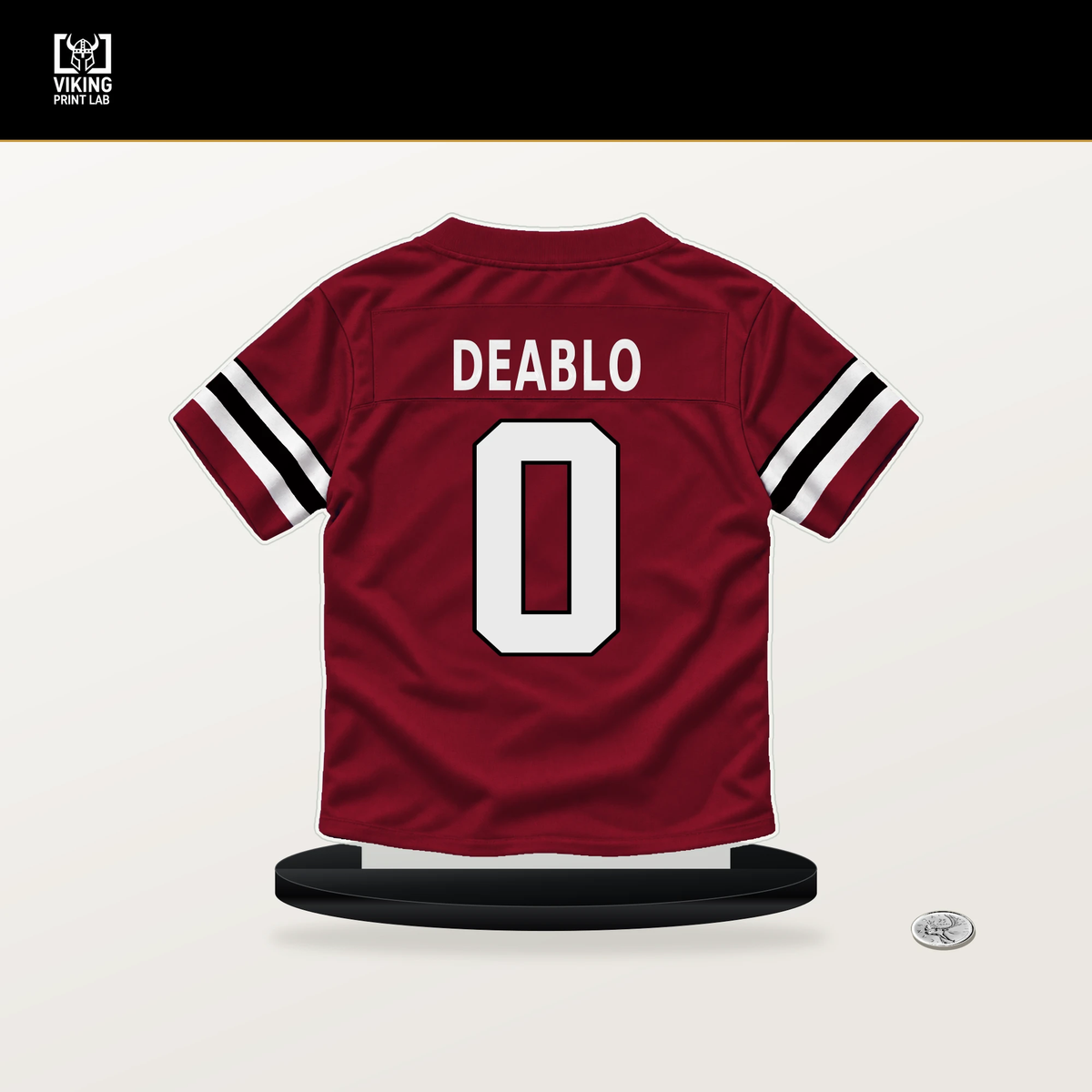Divine Deablo number 0 Atlanta Falcons jersey stand with included black base.