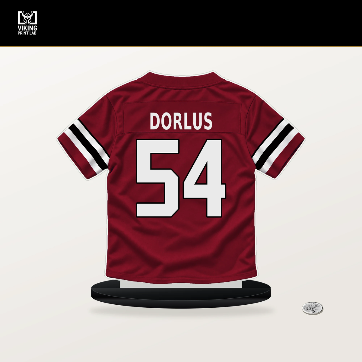 Brandon Dorlus number 54 Atlanta Falcons jersey stand with included black base.