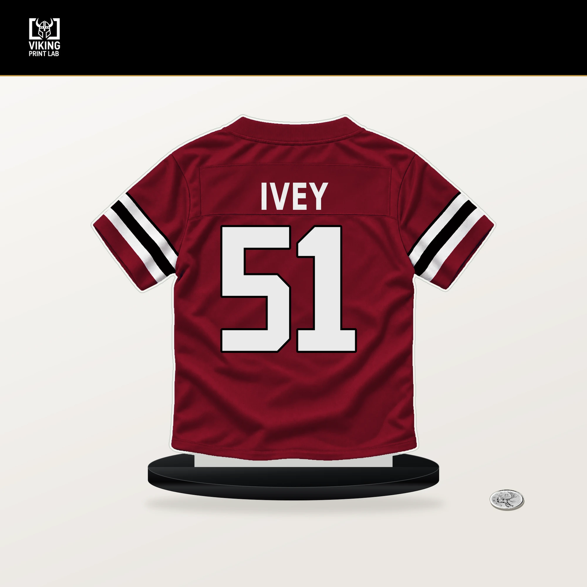 Jared Ivey number 51 Atlanta Falcons jersey stand with included black base.