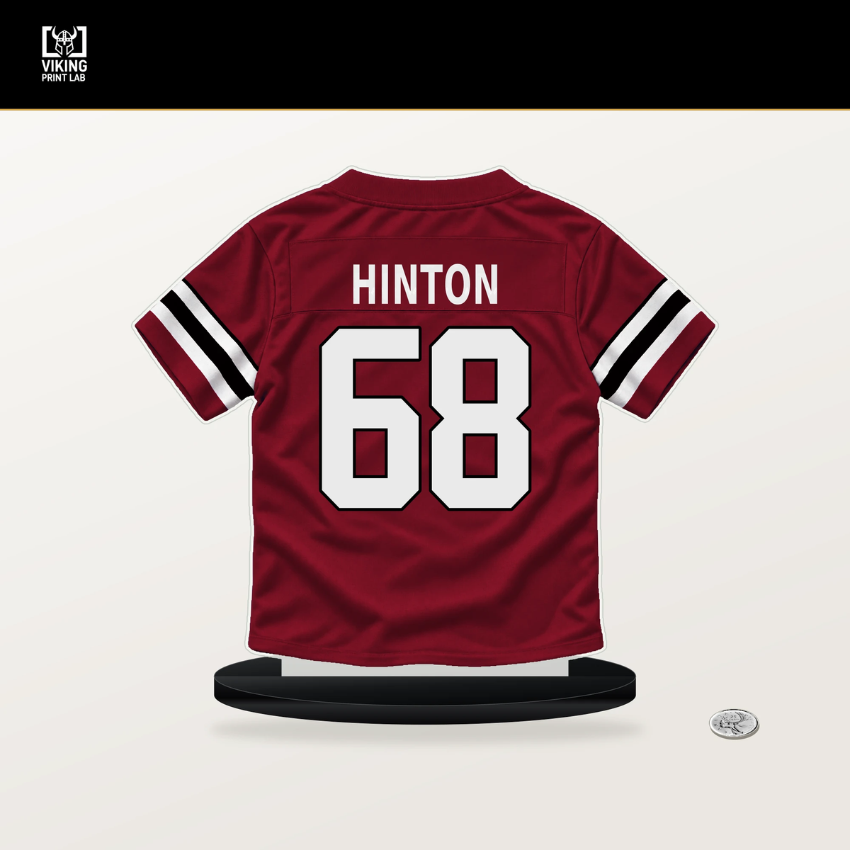 Kyle Hinton number 68 Atlanta Falcons jersey stand with included black base.