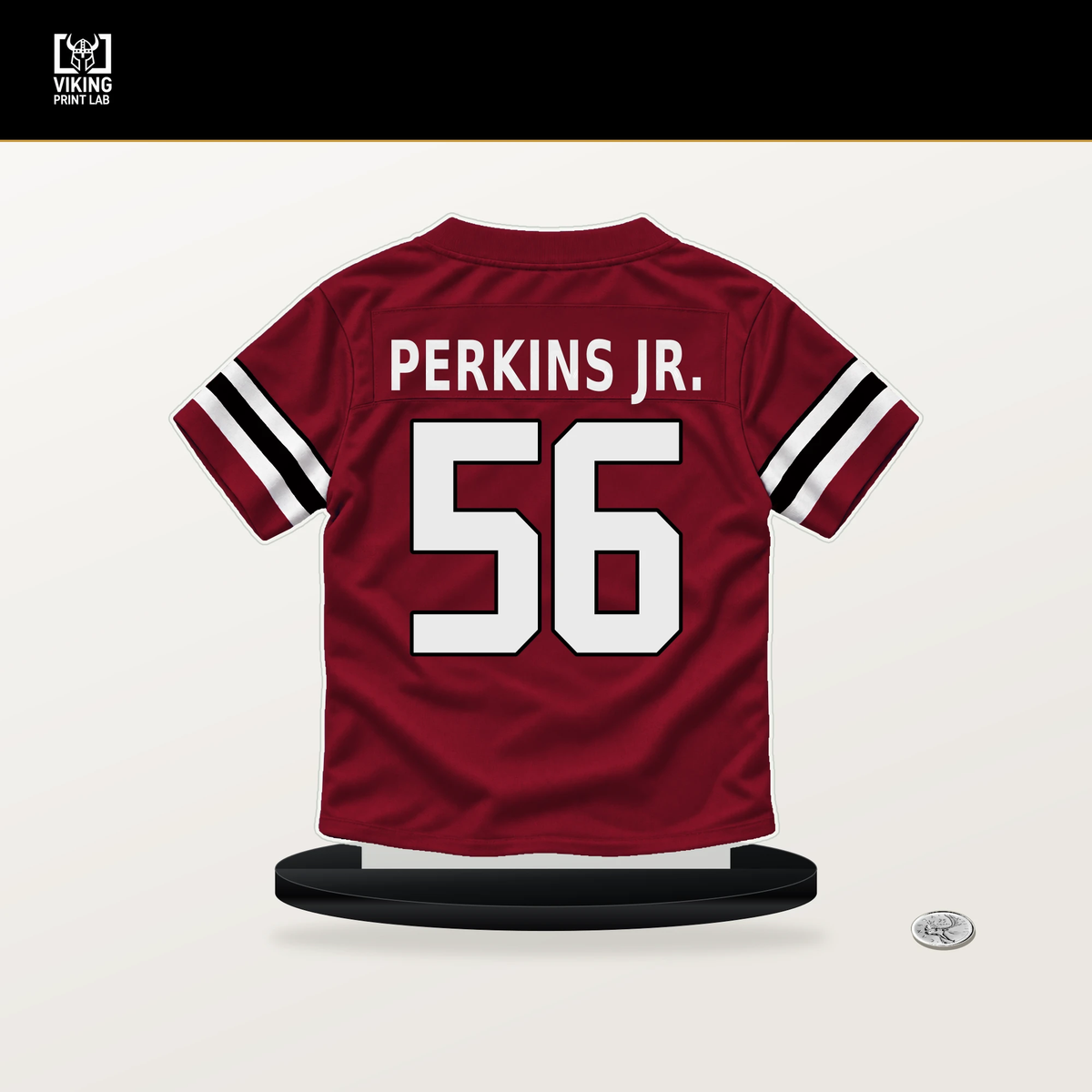 Harold Perkins Jr. number 56 Atlanta Falcons jersey stand with included black base.
