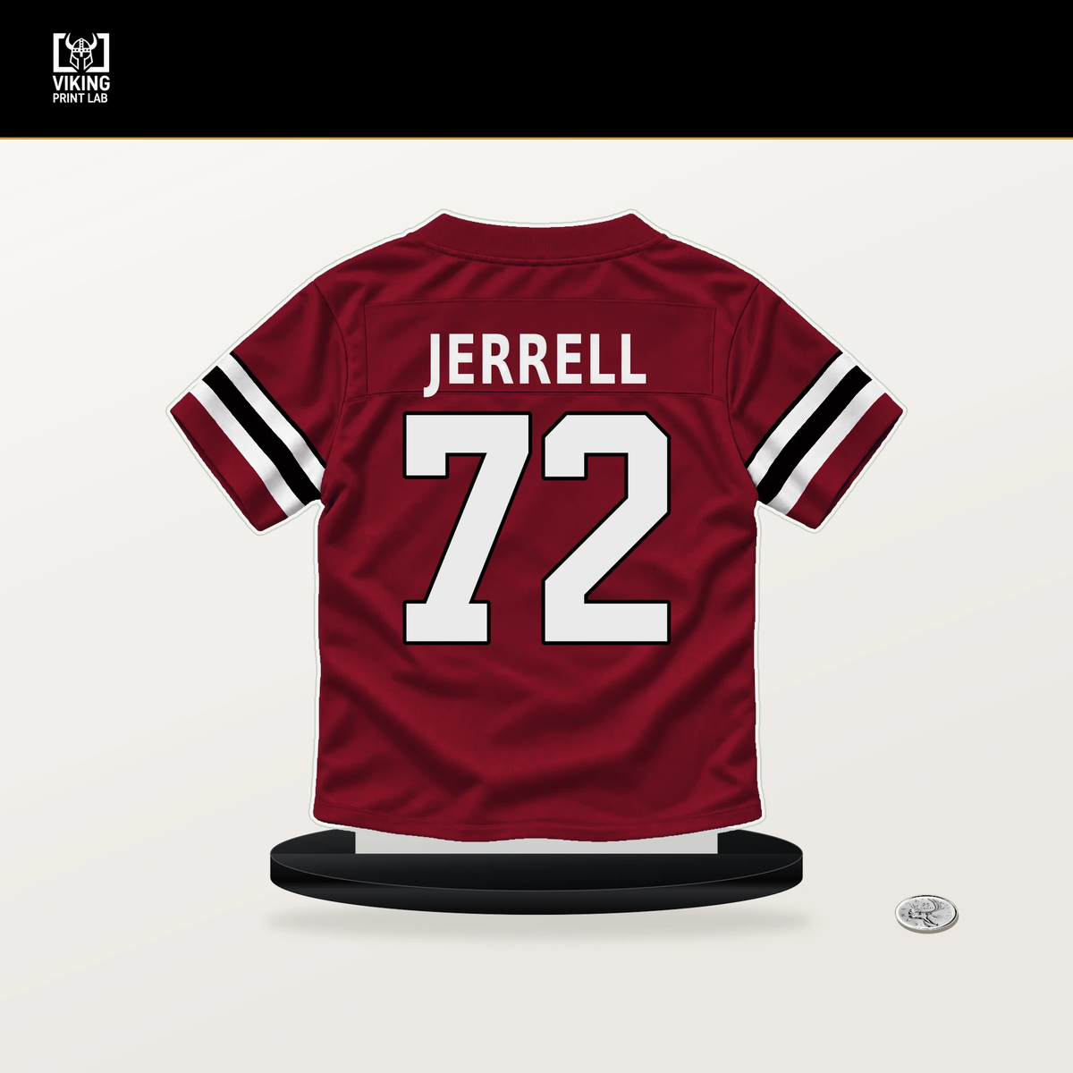 Michael Jerrell number 72 Atlanta Falcons jersey stand with included black base.