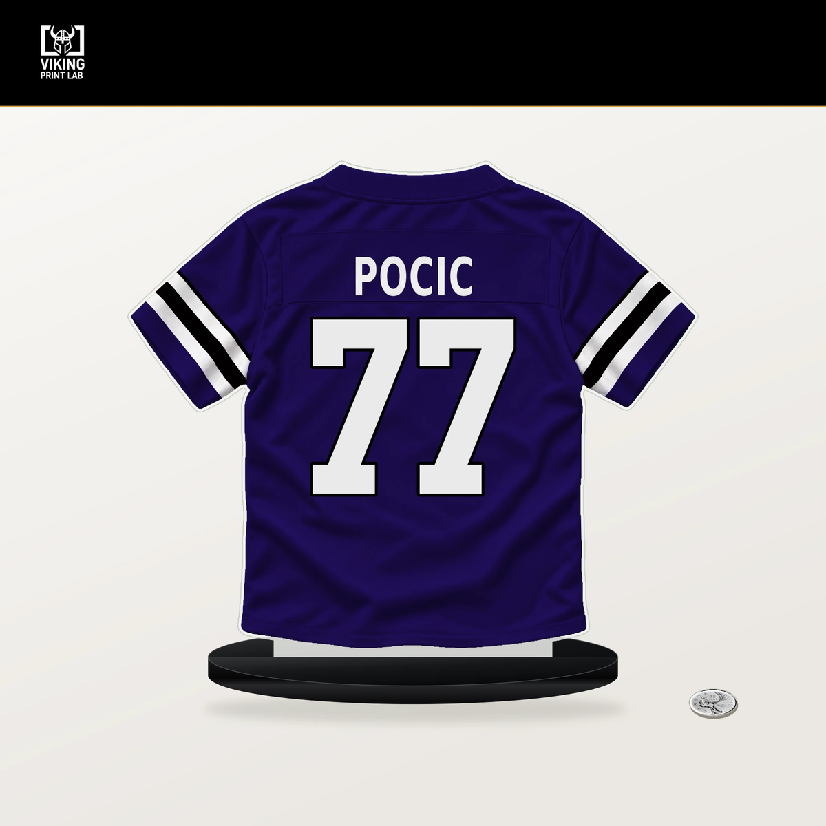 Ethan Pocic number 77 Baltimore Ravens jersey stand with included black base.