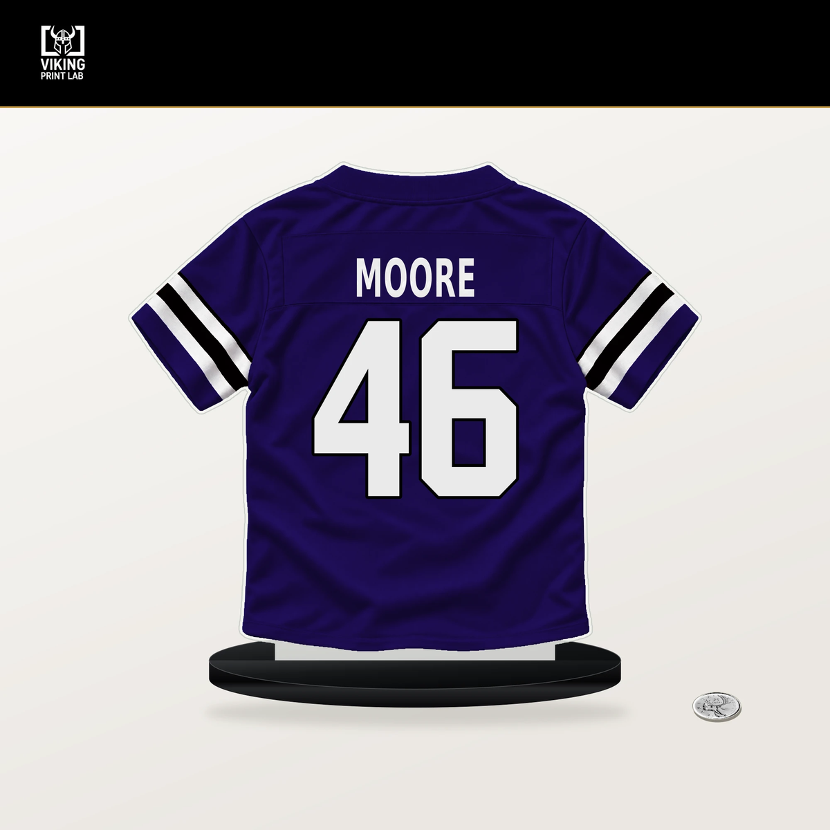 Nick Moore number 46 Baltimore Ravens jersey stand with included black base.