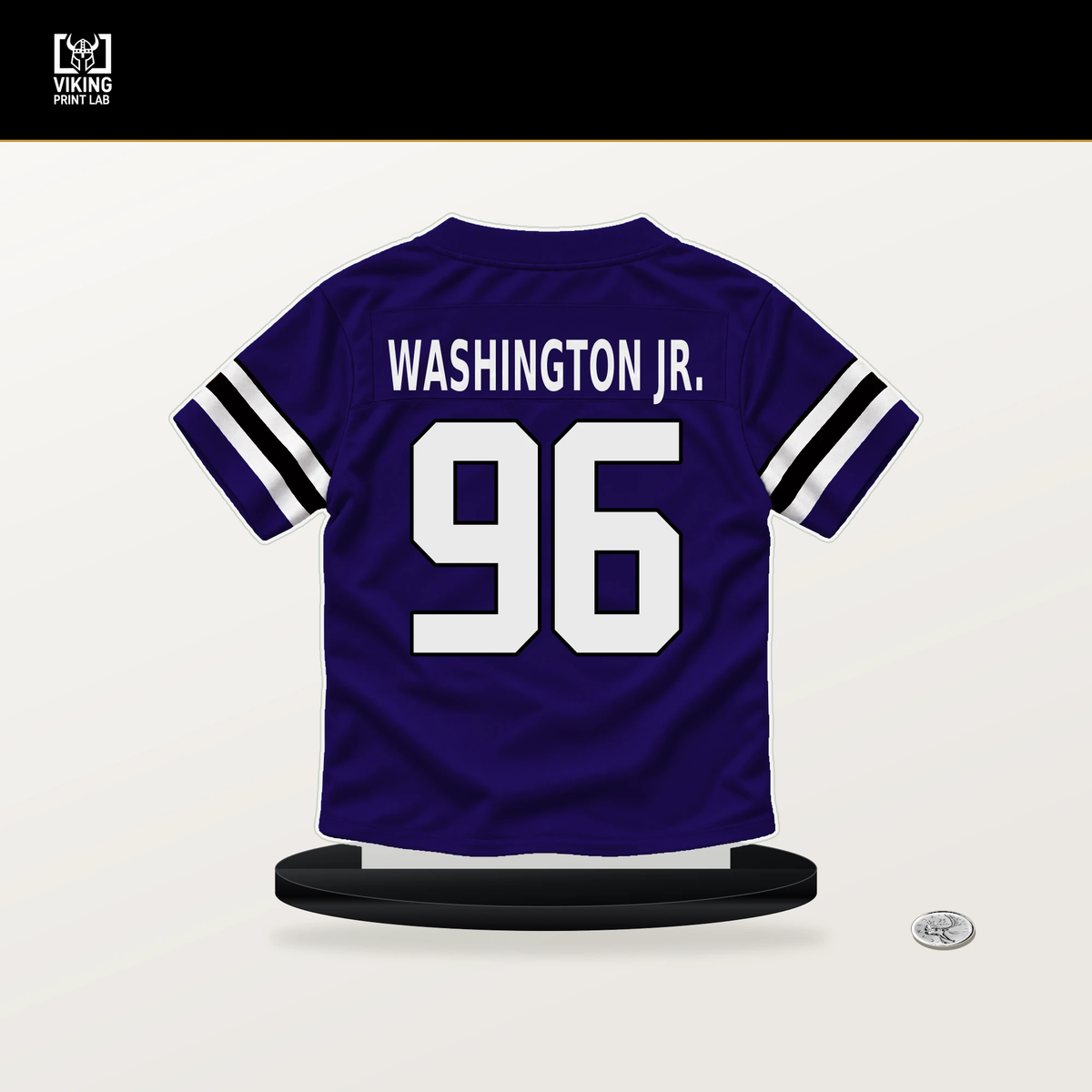 Broderick Washington Jr. number 96 Baltimore Ravens jersey stand with included black base.