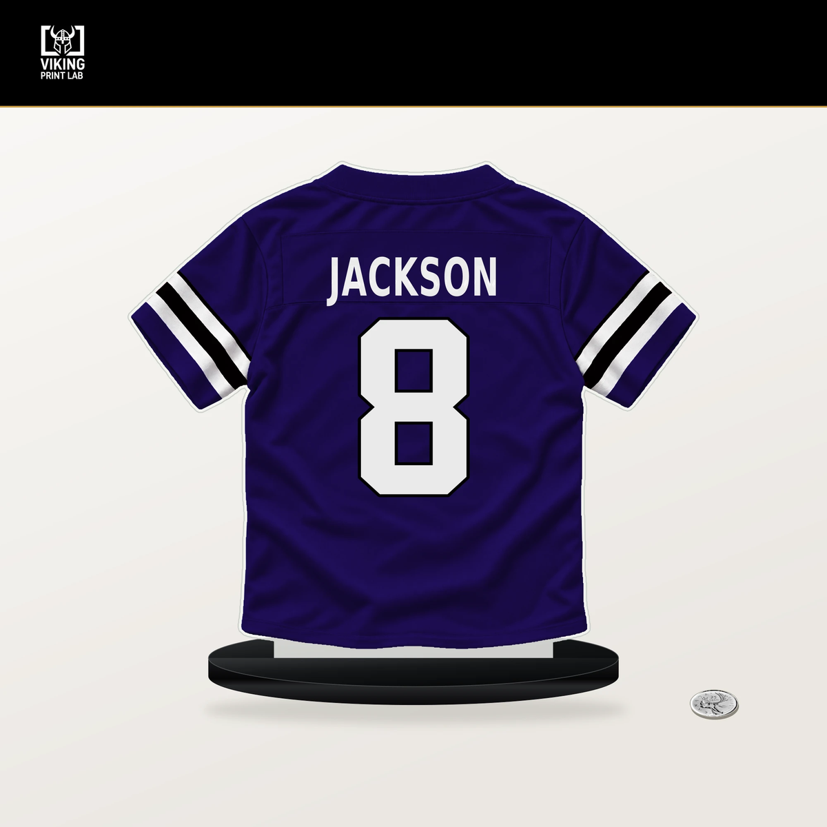 Lamar Jackson number 8 Baltimore Ravens jersey stand with included black base.