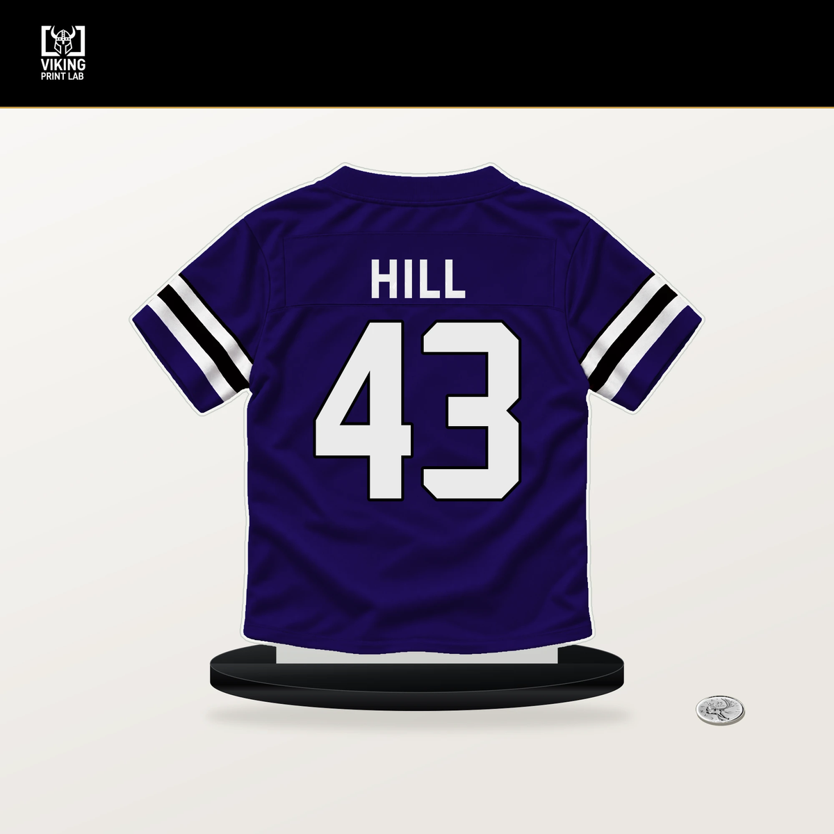 Justice Hill number 43 Baltimore Ravens jersey stand with included black base.