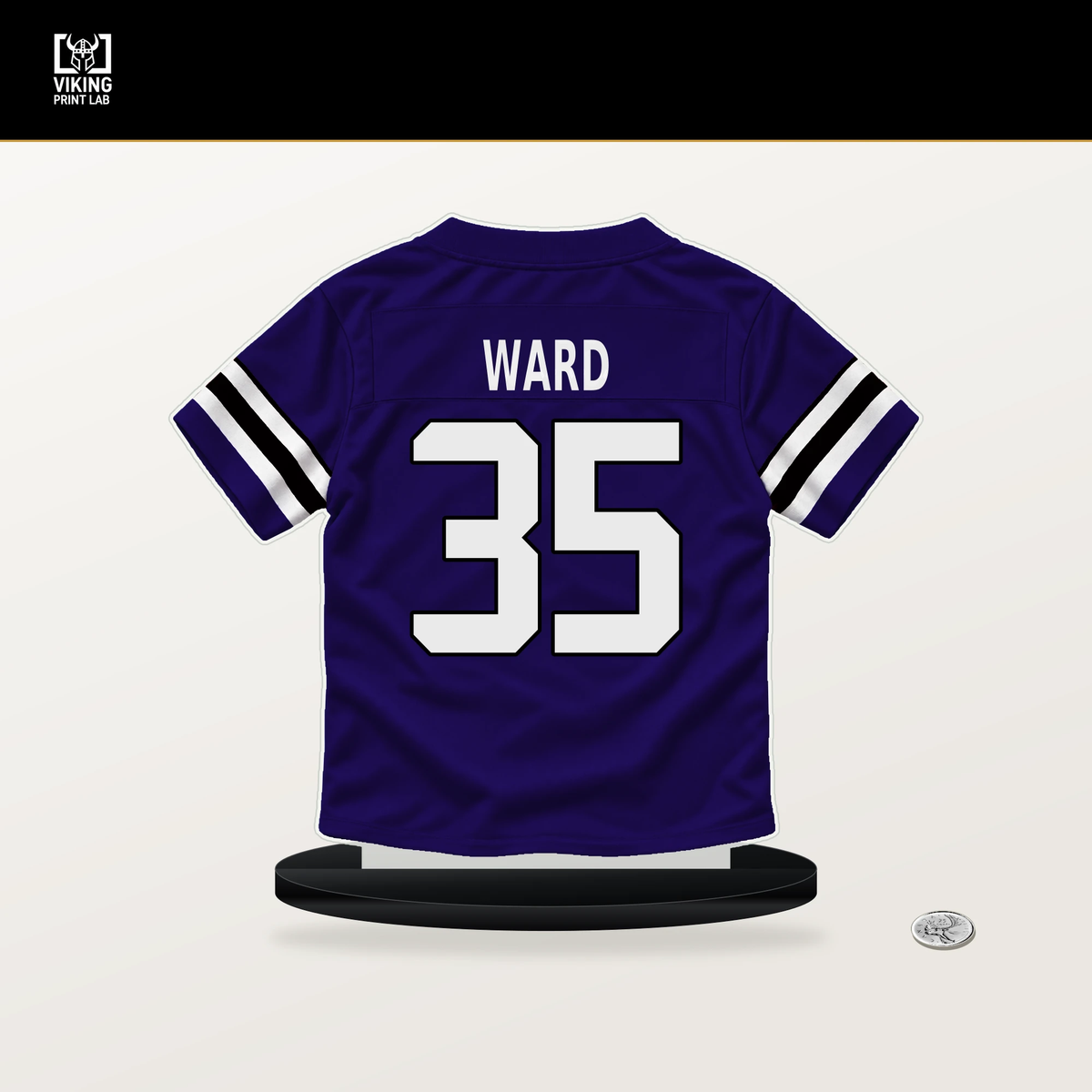 Jonathan Ward number 35 Baltimore Ravens jersey stand with included black base.