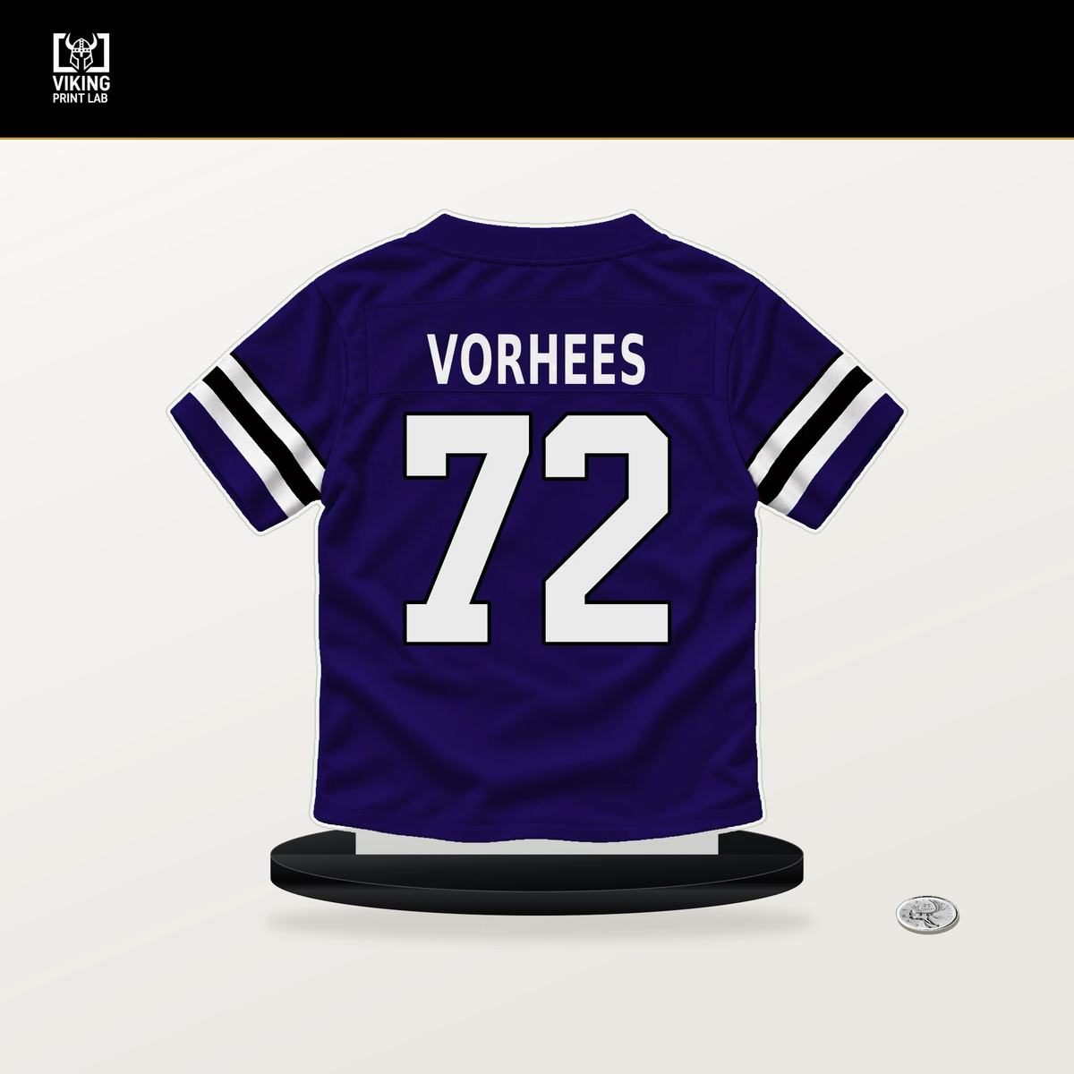 Andrew Vorhees number 72 Baltimore Ravens jersey stand with included black base.