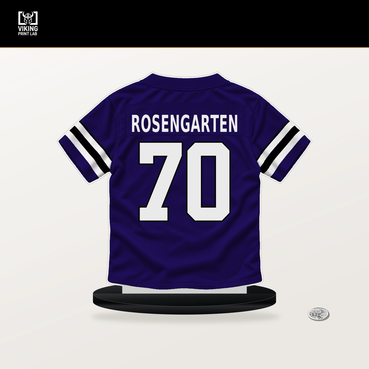 Roger Rosengarten number 70 Baltimore Ravens jersey stand with included black base.