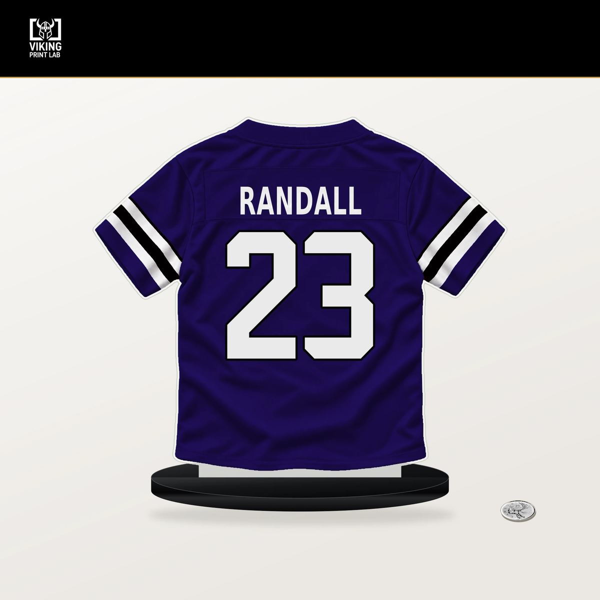 Adam Randall number 23 Baltimore Ravens jersey stand with included black base.