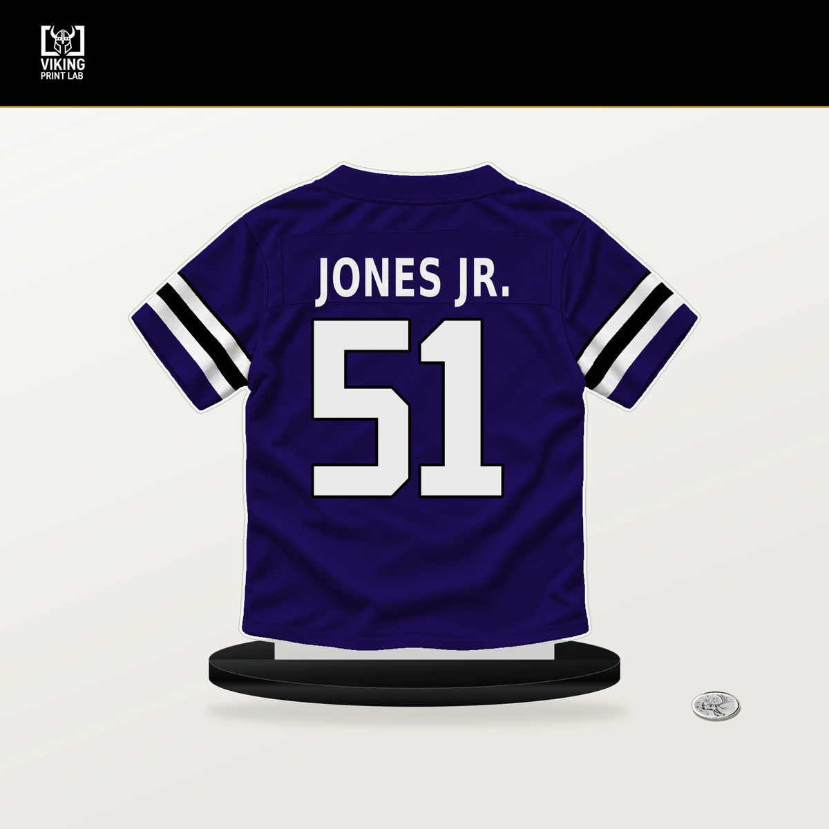 Emery Jones Jr. number 51 Baltimore Ravens jersey stand with included black base.