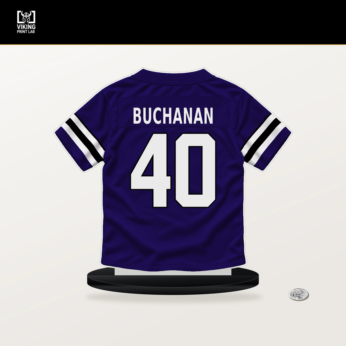 Teddye Buchanan number 40 Baltimore Ravens jersey stand with included black base.