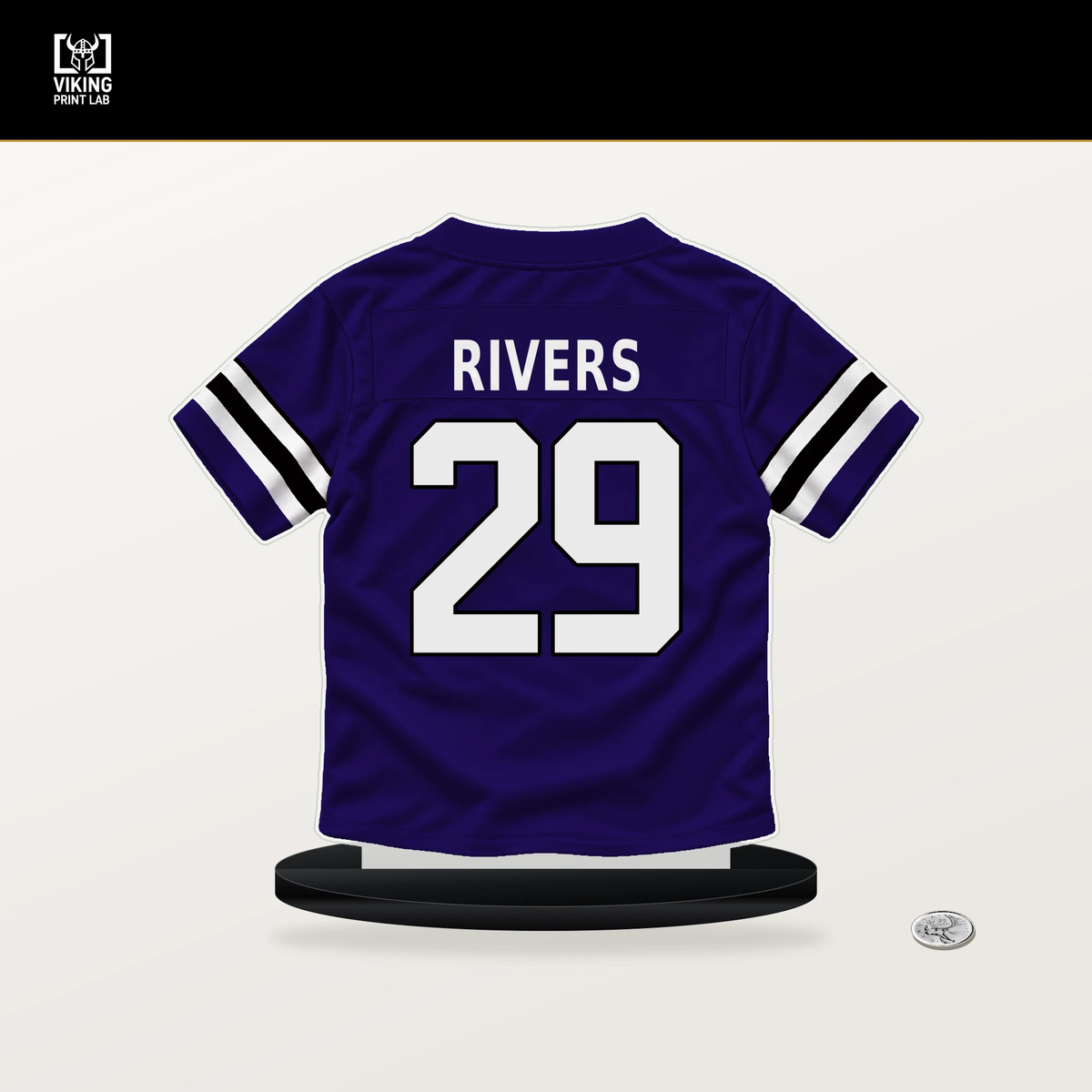 Chandler Rivers number 29 Baltimore Ravens jersey stand with included black base.