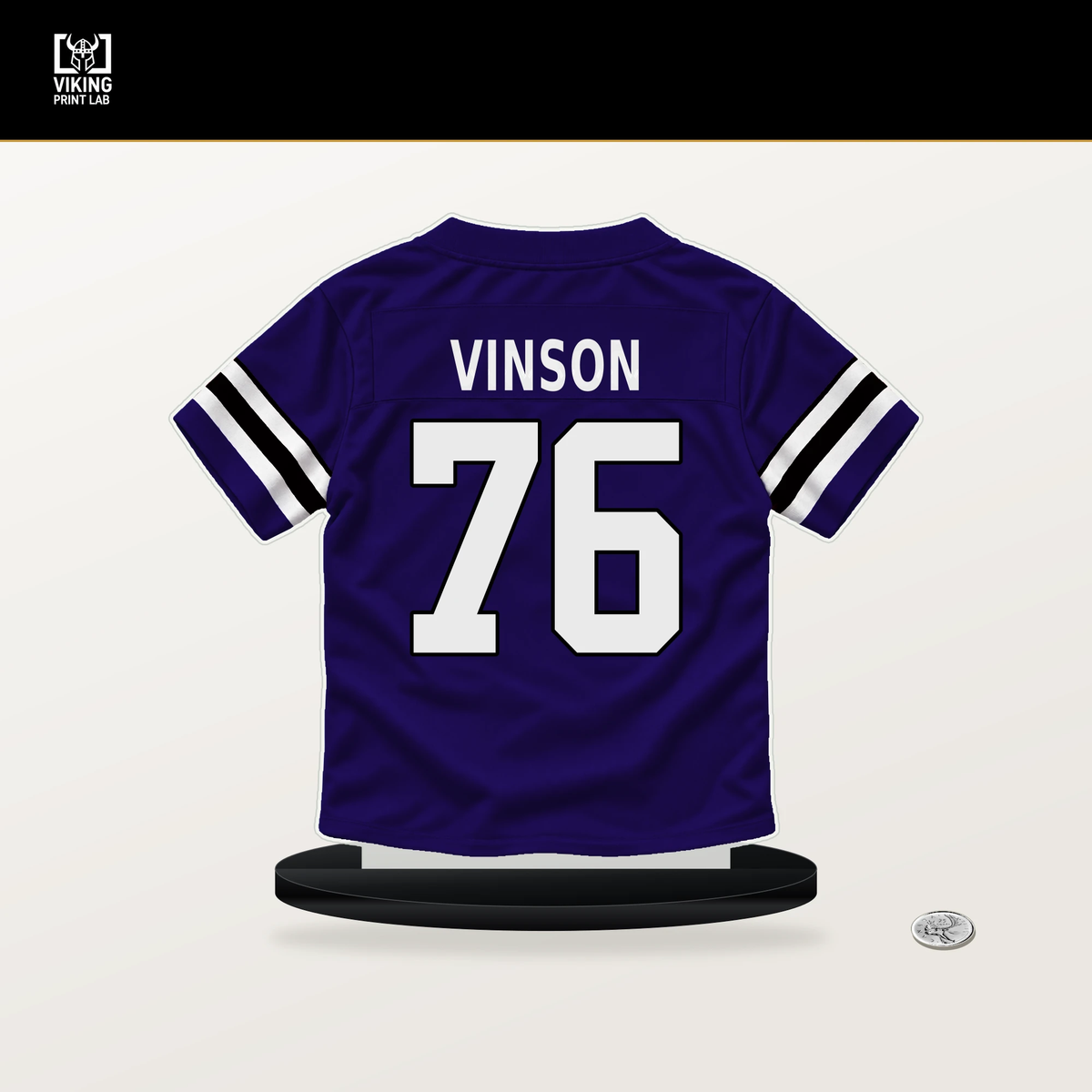 Carson Vinson number 76 Baltimore Ravens jersey stand with included black base.