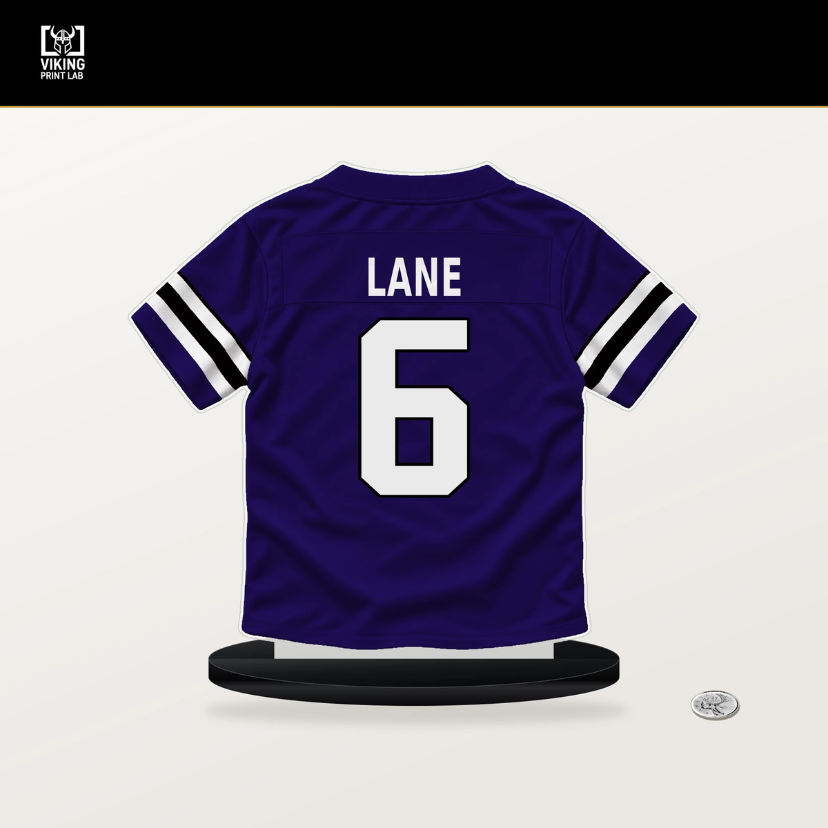 Ja'Kobi Lane number 6 Baltimore Ravens jersey stand with included black base.