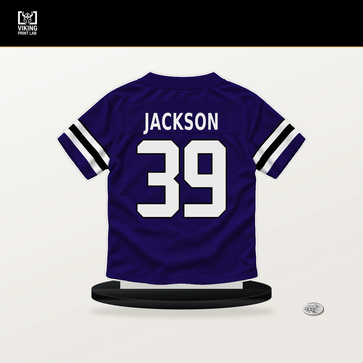 Keondre Jackson number 39 Baltimore Ravens jersey stand with included black base.