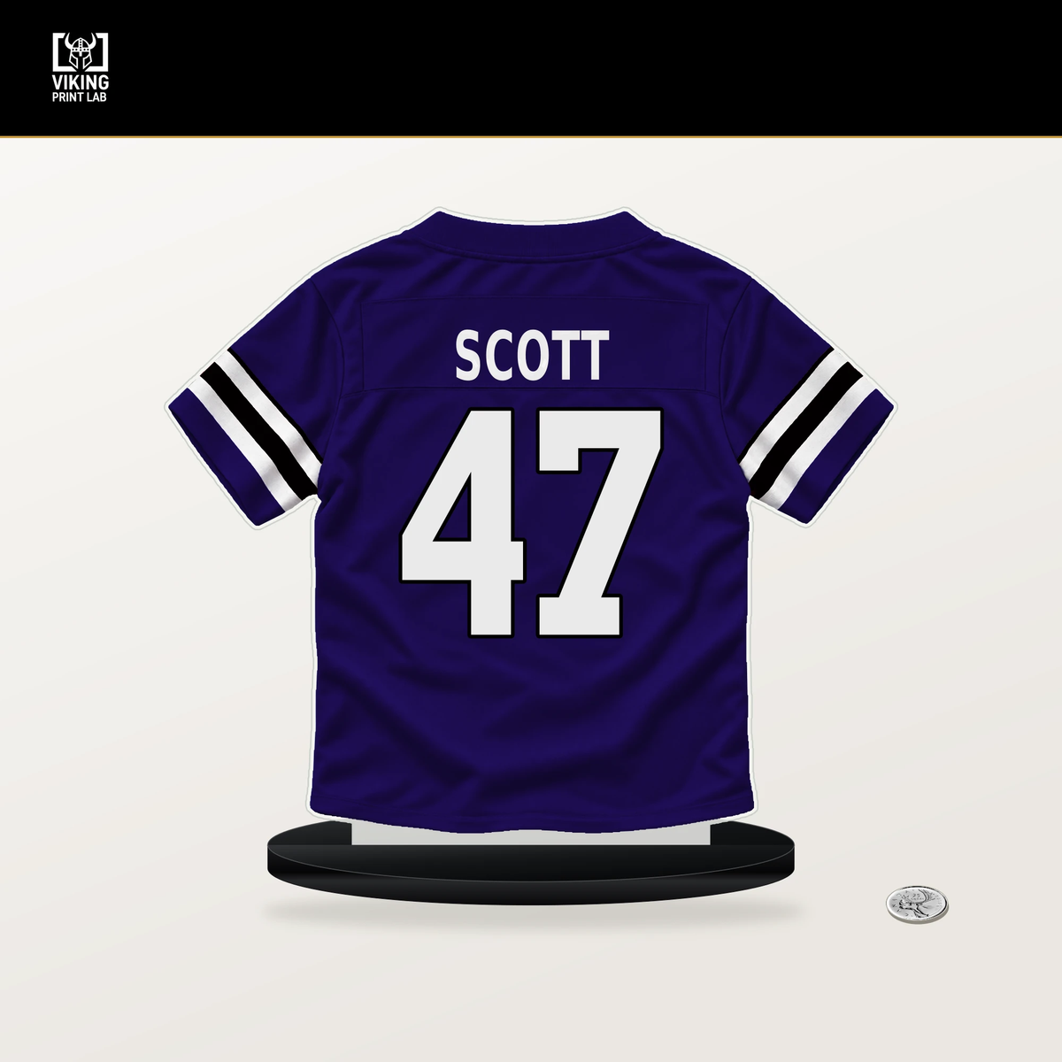 Lucas Scott number 47 Baltimore Ravens jersey stand with included black base.