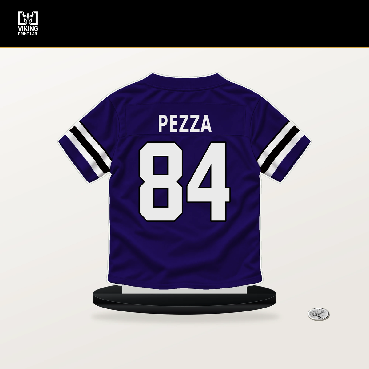 Ty Pezza number 84 Baltimore Ravens jersey stand with included black base.